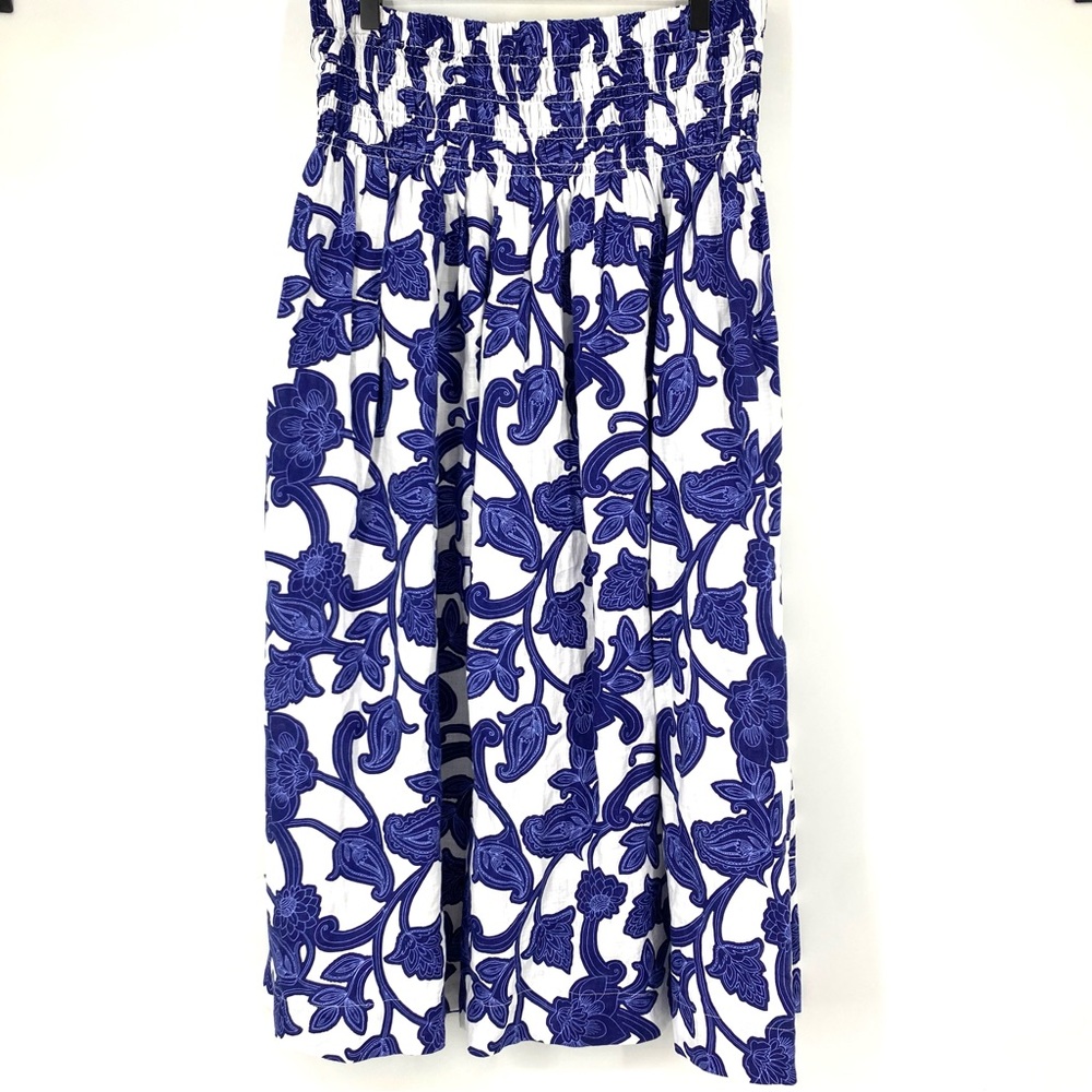 Boden Shirred Waist Linen Midi Skirt Blue White Paisley